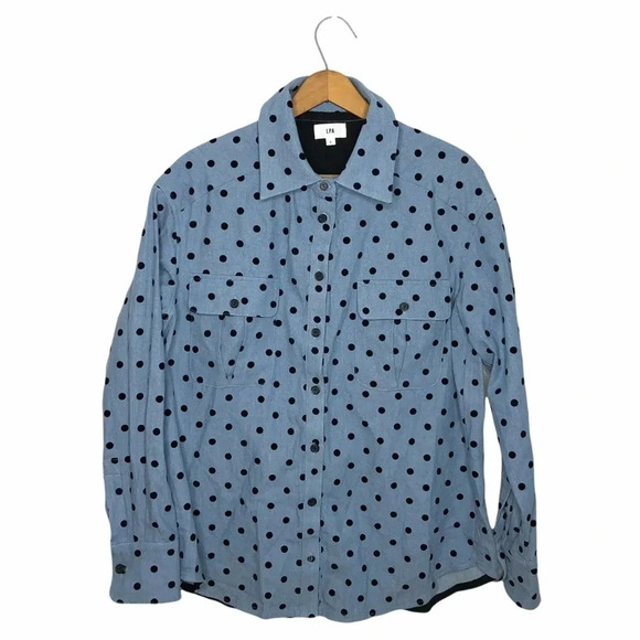 LPA Revolve Candace Polka Dot Blue Chambray Button Up Blouse - Picture 3 of 10